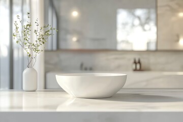 3D rendering, empty white counter in bathroom, copy space on white table in blurred bathroom with generative ai