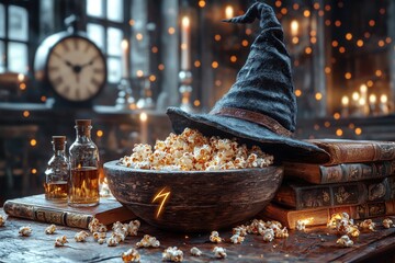 Witch's hat resting on a wooden popcorn bowl surrounded by books and potions