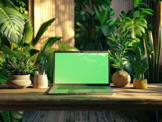 Fototapeta premium A laptop with a green screen on a modern wooden table, set against a backdrop of lush green foliage on the wall. 