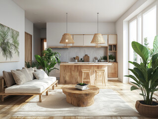 A modern kitchen with a wooden island and a white couch