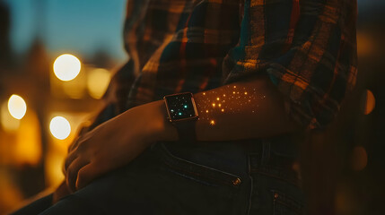 A close-up view of a person's arm adorned with glowing stars, captured at dusk, showcasing a smartwatch and casual attire.