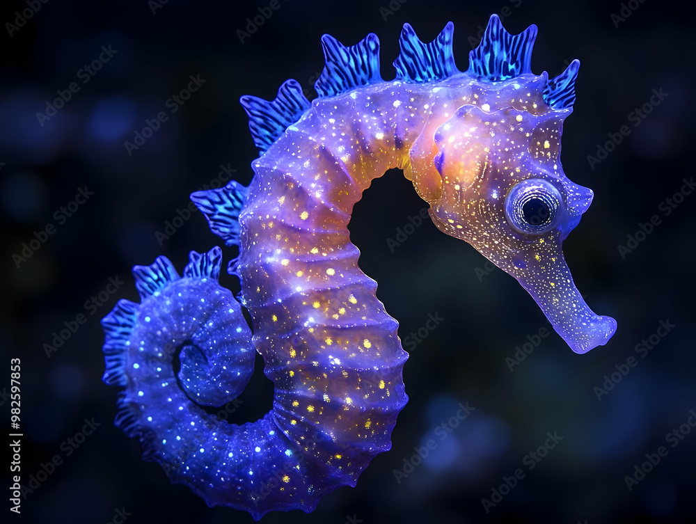 Poster a vibrant seahorse illuminated with colorful patterns, showcasing its unique features and graceful f