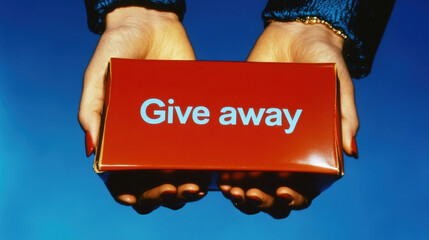 Hands offering a red gift box with Give away text in bold white letters. Minimalist, vibrant design with a blue background, perfect for promotions and sales.