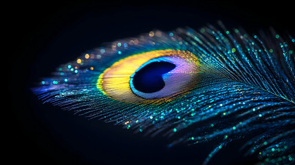 Fototapeta premium Close-up of a peacock feather showcasing vivid colors and intricate details, perfect for nature and wildlife themes.