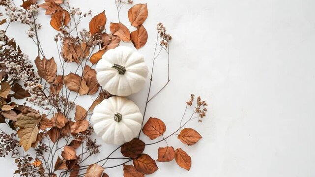 Two white pumpkins surrounded by autumn leaves on a light background, showcasing a seasonal arrangement perfect for fall decor