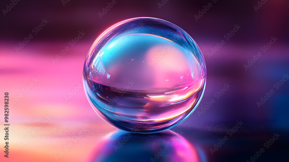 Poster a vibrant, reflective sphere surrounded by a colorful glow, showcasing beautiful light patterns and 