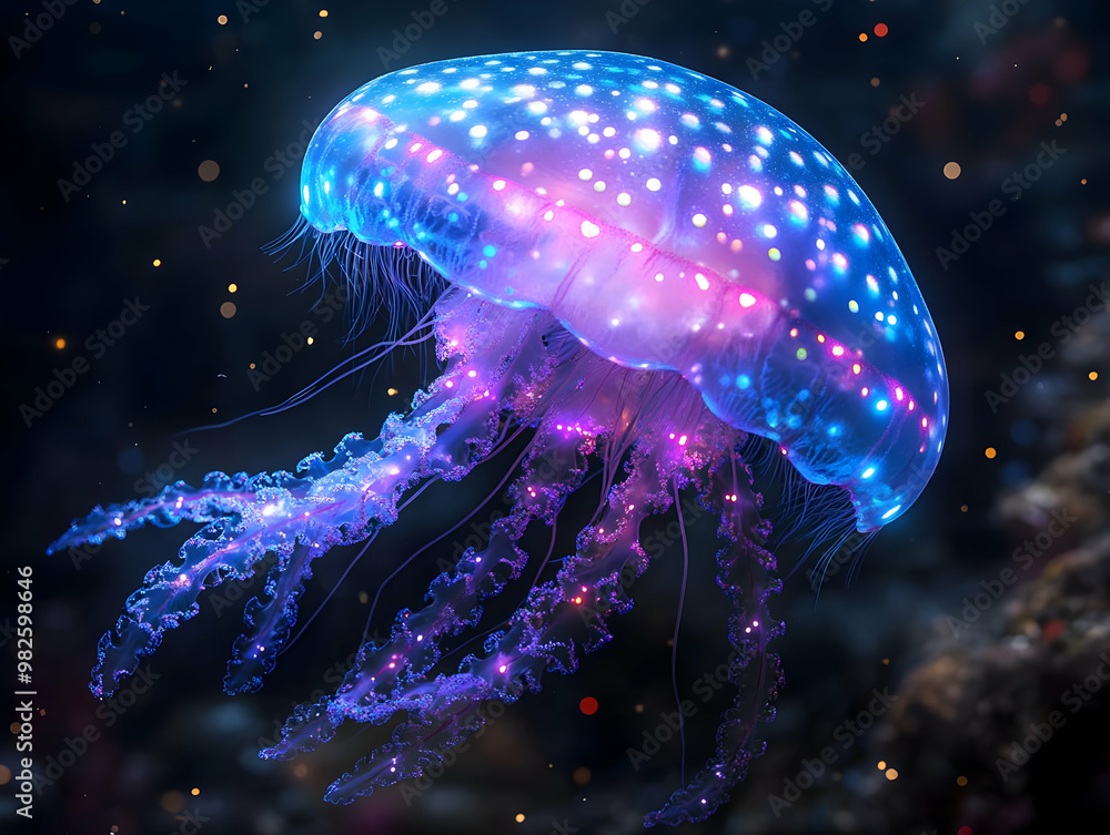 Poster a luminous jellyfish gracefully floats in the ocean, showcasing vibrant colors and intricate pattern