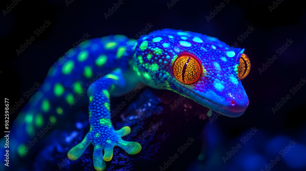 Poster close-up of a vibrant and luminous gecko with striking colors, showcasing its unique patterns agains