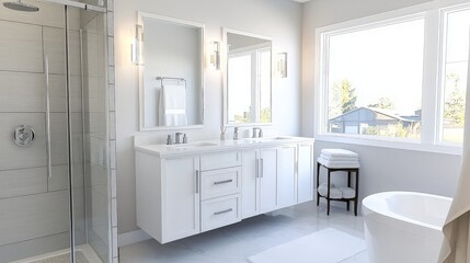 Modern Bathroom with White Cabinets and Bathtub