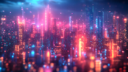 Fototapeta premium A vibrant, neon-lit cityscape showcasing futuristic architecture and colorful lights in a mesmerizing twilight scene.