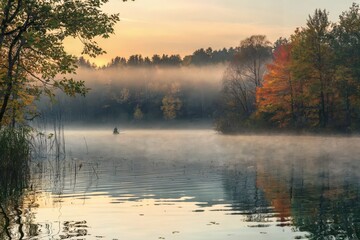 Lone figure kayaking on misty lake during sunrise in autumn.