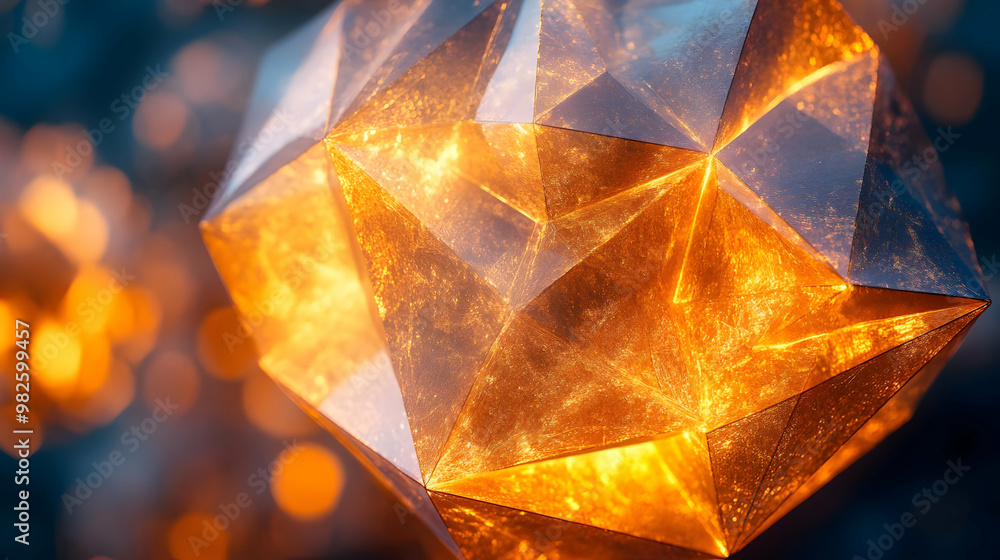 Poster a stunning close-up of a glowing crystal with intricate facets and warm hues, creating a mesmerizing