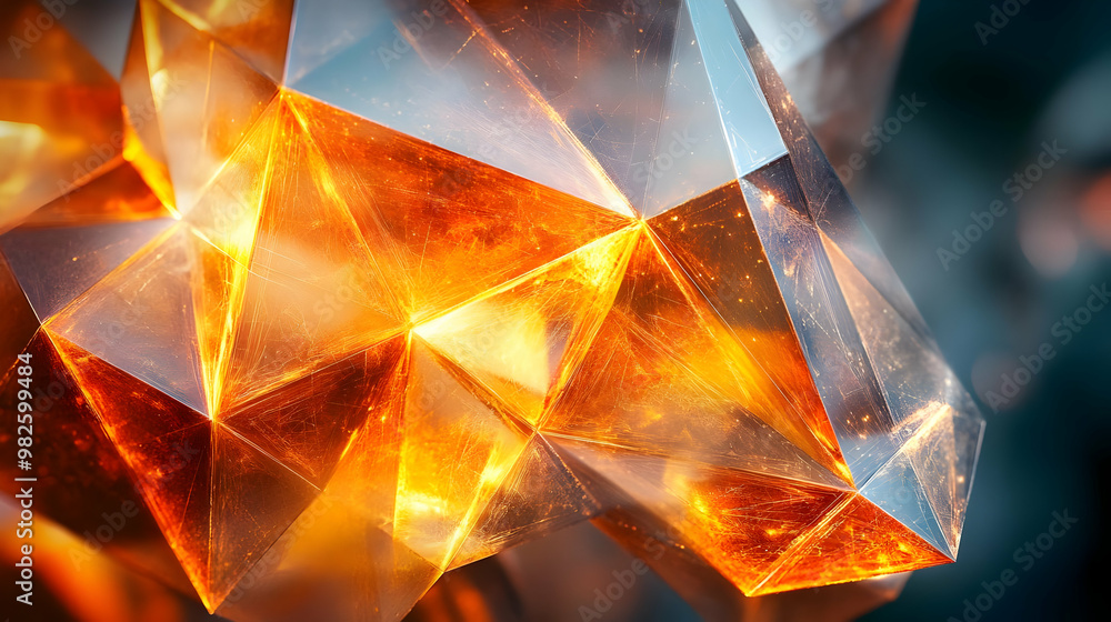 Poster a stunning close-up of fiery orange and transparent crystals, reflecting light and creating a captiv