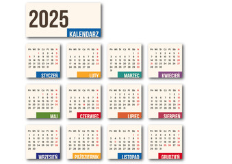 Polskie kalendarium na 2025 rok. 12 miesięcy z oznaczeniem dni tygodnia