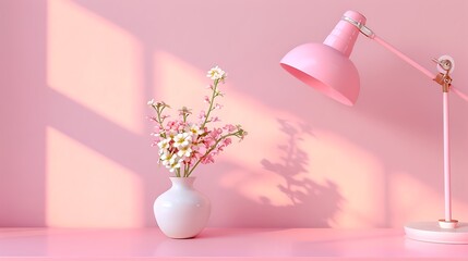 A desk with a pink wall in the background, featuring a pink lamp and a small vase with a flower on the desk, creating a charming and colorful workspace.