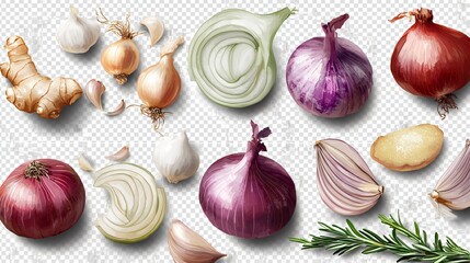 Fototapeta premium Collection of onions, garlic, ginger, and shallots, isolated.