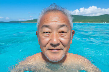 A happy Asian man with gray hair enjoys swimming in bright turquoise water, set against a tropical backdrop of green hills and blue skies