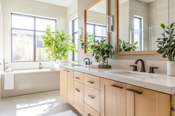 modern kitchen in house, Bright Modern Bathroom with Light Wood Cabinetry and Minimalist Countertop