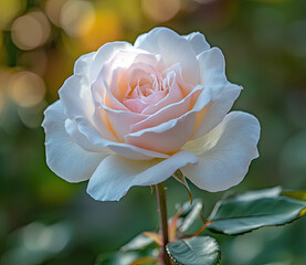 Beautiful portrait view of a white rose flower with beautiful blur background. Created with Ai