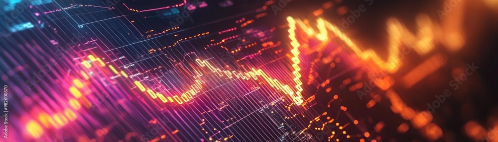 Poster a vibrant abstract depiction of digital data trends with dynamic waves representing growth and chang
