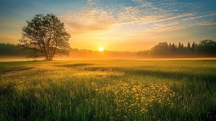 Obraz premium Sunrise over a Foggy Field with a Silhouetted Tree