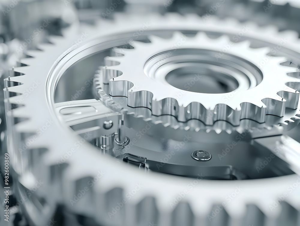 Poster close-up view of metallic gears showcasing intricate design and engineering precision in mechanical 