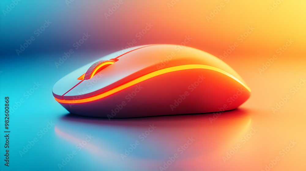 Poster a sleek computer mouse with vibrant lighting against a colorful gradient background, perfect for tec