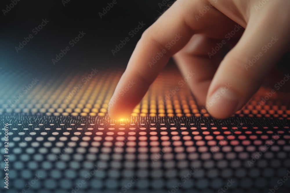 Poster exploring interactive surfaces: a close-up of a finger engaging with dynamic technology