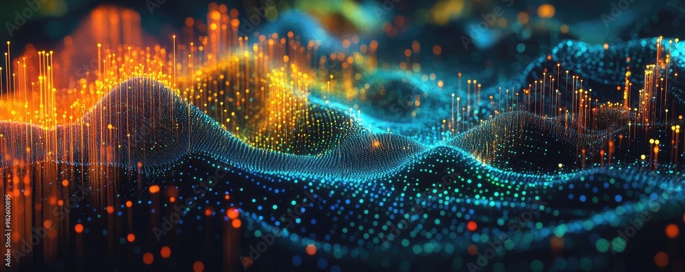 Poster vibrant abstract wave pattern with glowing lights, representing data flow and digital connections in