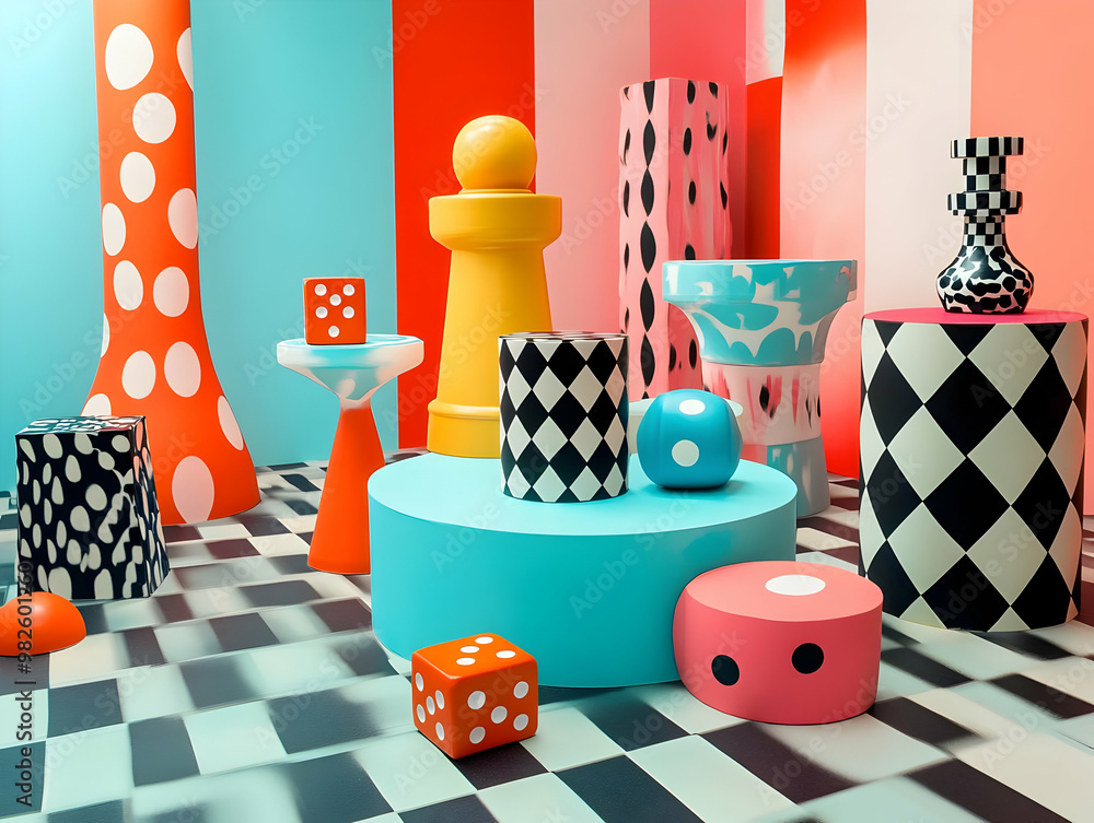 Poster vibrant geometric shapes and colorful objects create a dynamic, playful scene ideal for modern artwo