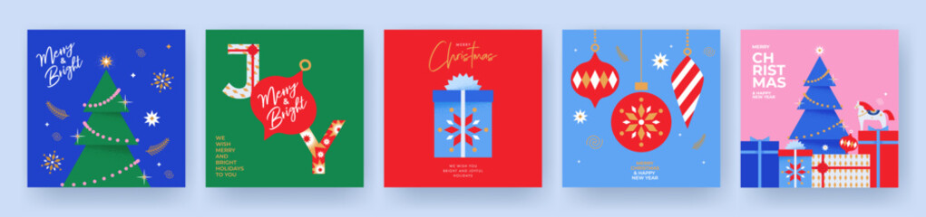 Merry Christmas and Happy New Year greeting card Set. Modern Xmas design with typography and beautiful geometric snowflakes, Christmas tree, balls and gifts. Minimal banner, poster, cover templates.