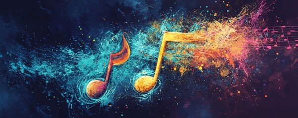 Vibrant music notes bursting with dynamic energy against a dark backdrop