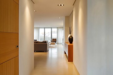 A modern home corridor in front of a living room features a white wall with generative ai