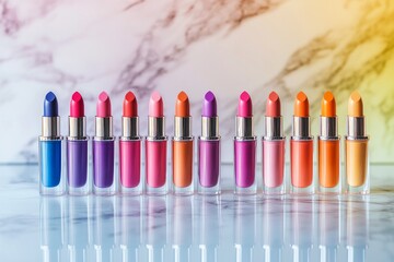 Naklejka premium A row of colorful lipsticks placed in a gradient pattern on a marble vanity