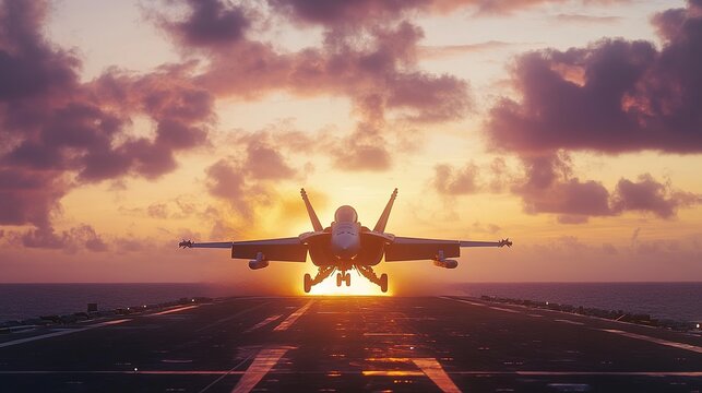 A military fighter plane taking off from an aircraft carrier at dawn