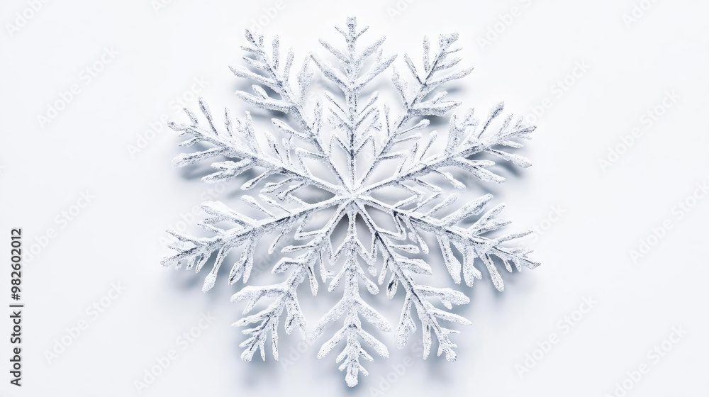 Poster a beautiful, intricate snowflake design, showcasing delicate patterns against a soft white backgroun