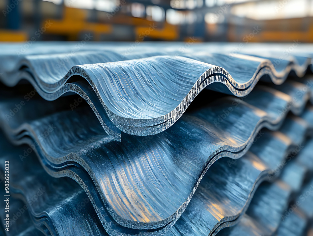 Poster close-up of stacked wavy metal sheets showcasing their texture and patterns in an industrial setting
