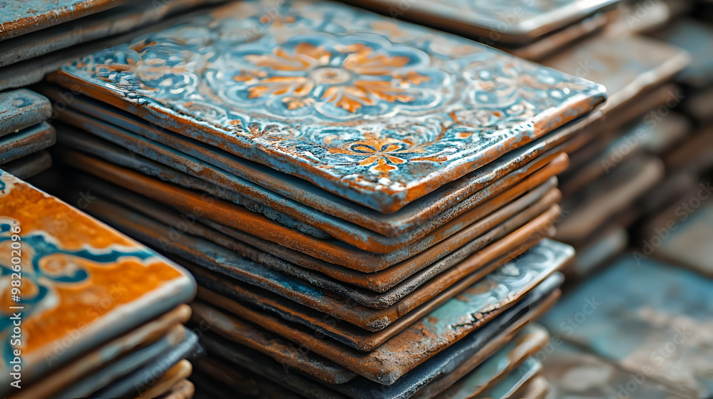 Poster a close-up view of beautifully designed ceramic tiles stacked neatly, showcasing intricate patterns 
