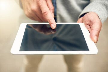 Research, screen and hands with tablet, typing and schedule for appointment, morning and business person. Above, display and communication for industry trends, texting and investor with mockup