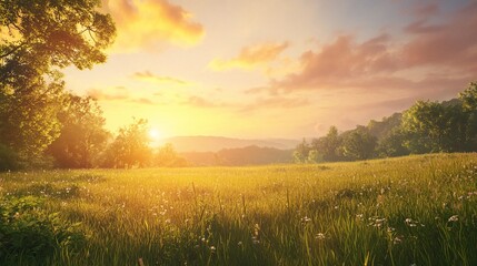 Obraz premium Sunlit Meadow with Trees and Mountains at Sunset