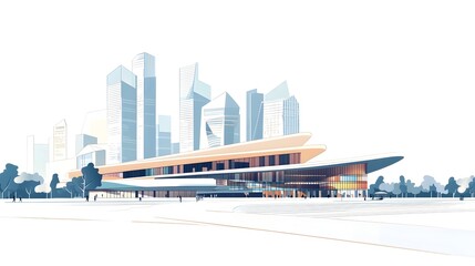 Futuristic Cityscape with Train Station in Sleek Modern Architecture