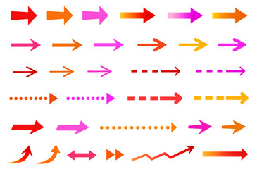 矢印　アロー　セット　素材　あしらい　飾り　パーツ　曲線　点線　上がる　上向き　早送り　再生　進行方向　直進　移動　スピード　動き　案内　標識　誘導　順路　順番　指示　掲示　転送　販促　サイン　シンプル　おしゃれ　チラシ　挿絵