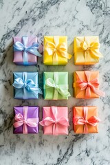Fototapeta premium A row of rainbow-hued gift boxes with bows, perfectly aligned on a marble surface.
