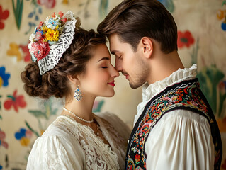 A close-up of a couple in traditional attire sharing an intimate moment, surrounded by a floral background.