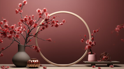 Presentation background with flowers and platform for presenting products for the holidays on March 8th