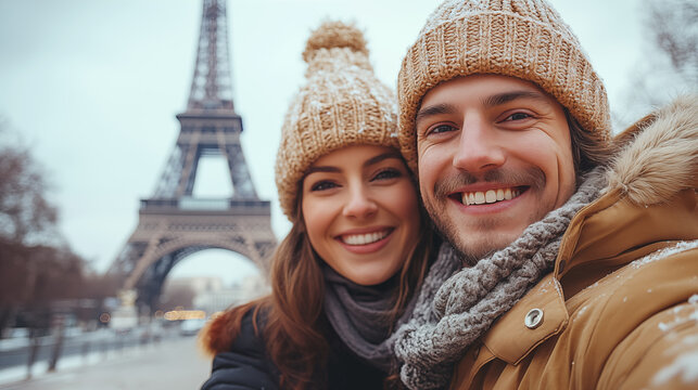 Happy couple in winter clothes near the Eiffel tower in Paris, France