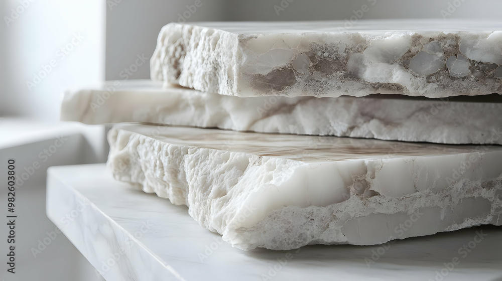 Poster close-up view of stacked marble slabs showcasing unique textures and patterns for design inspiration
