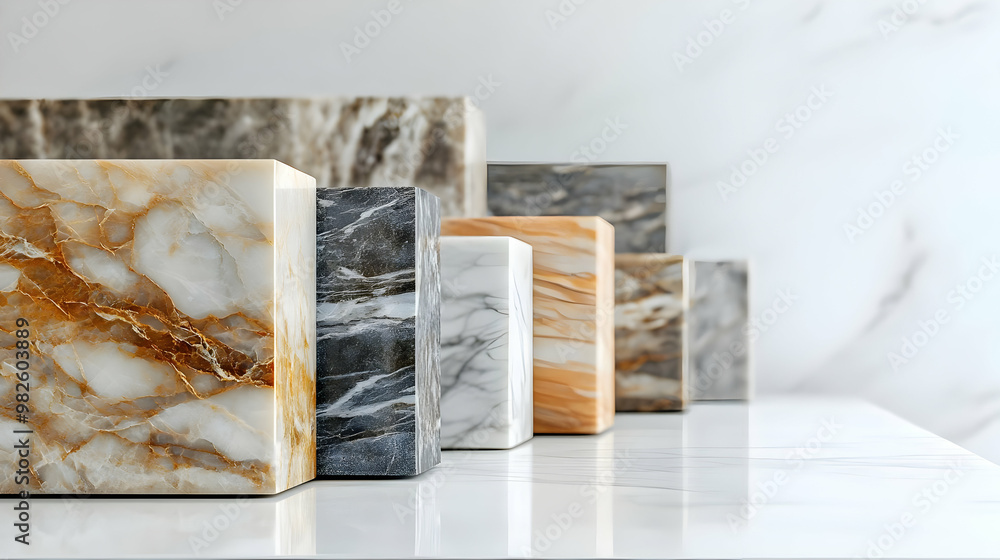 Poster elegant marble blocks in various colors displayed on a sleek surface, perfect for modern decor or de