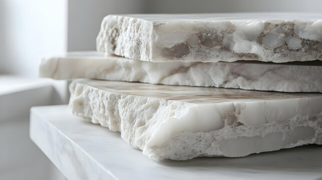 Close-up view of stacked marble slabs showcasing unique textures and patterns for design inspiration and architectural use.