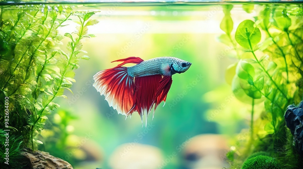 Poster a betta fish in a beautifully arranged tank with clear, open space around it. the unobstructed backg